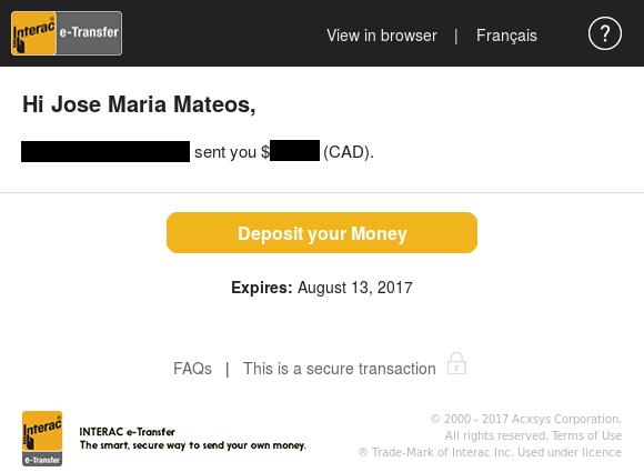 Mensaje de transferencia Interac 
recibida