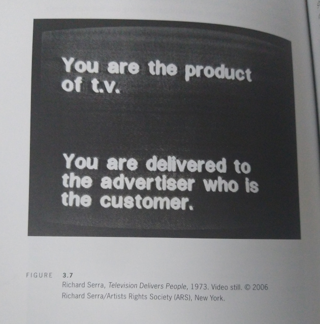 Una imagen de televisión con el texto: "You are the product of TV. You are 
delivered to the advertiser who is the customer". La fecha: 
1973