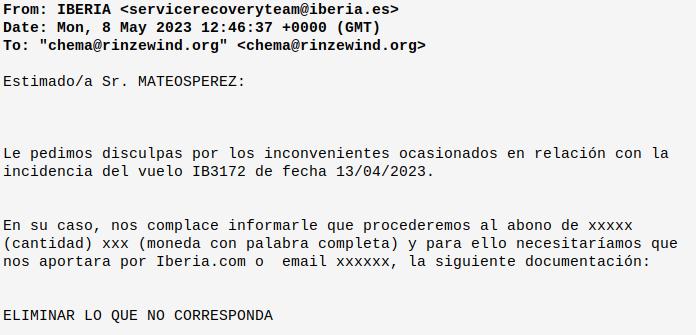 Versión en texto plano de un e-mail de Iberia en la que nada tiene 
sentido